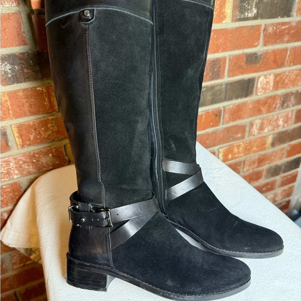 Edgy Vince Camuto Riding Boot Blk Leather & Suede Biker Riding Knee High MOTO - Picture 2 of 13